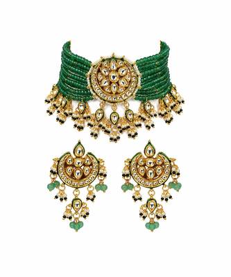 Gold plated kundan sage green beaded choker earring set 2