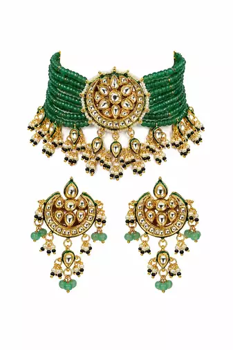 Gold plated kundan sage green beaded choker earring set