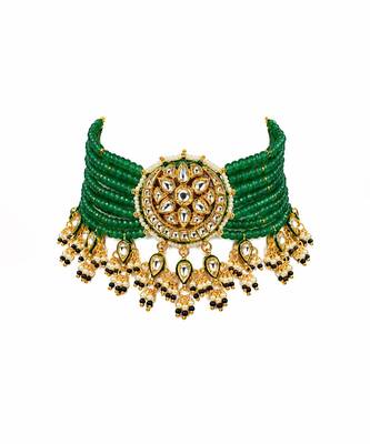 Gold plated kundan sage green beaded choker earring set 3