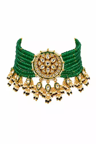 Gold plated kundan sage green beaded choker earring set