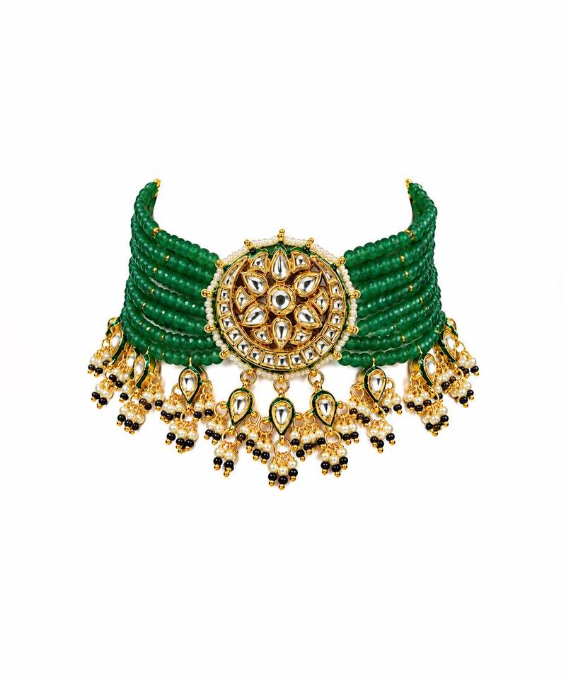 Gold plated kundan sage green beaded choker earring set