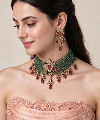 Gold plated kundan sage green beaded choker earring set 1
