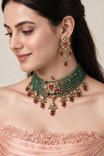 Gold plated kundan sage green beaded choker earring set