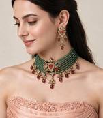 Gold plated kundan sage green beaded choker earring set