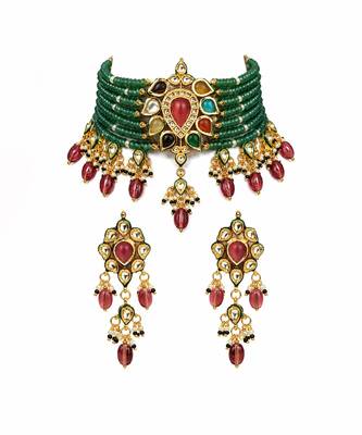 Gold plated kundan sage green beaded choker earring set 2