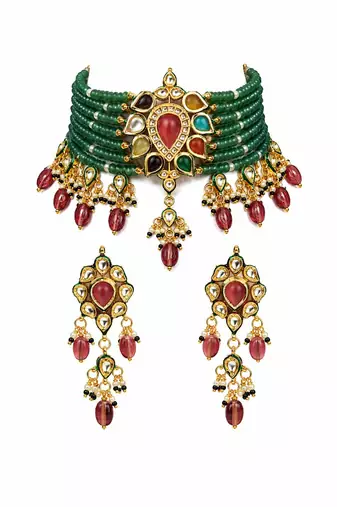 Gold plated kundan sage green beaded choker earring set