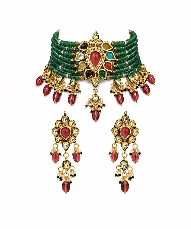 Gold plated kundan sage green beaded choker earring set
