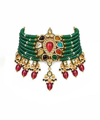 Gold plated kundan sage green beaded choker earring set 3
