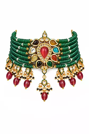 Gold plated kundan sage green beaded choker earring set