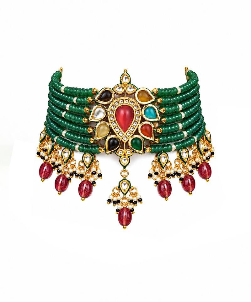 Gold plated kundan sage green beaded choker earring set