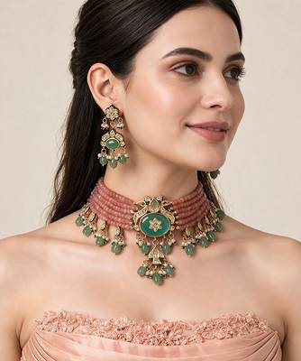 Gold plated kundan beaded choker with drop earrings 1