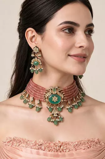 Gold plated kundan beaded choker with drop earrings