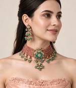 Gold plated kundan beaded choker with drop earrings