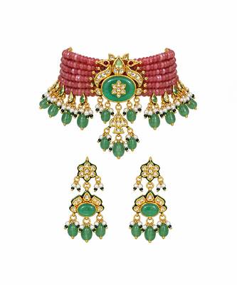 Gold plated kundan beaded choker with drop earrings 2