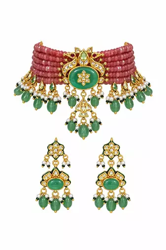 Gold plated kundan beaded choker with drop earrings