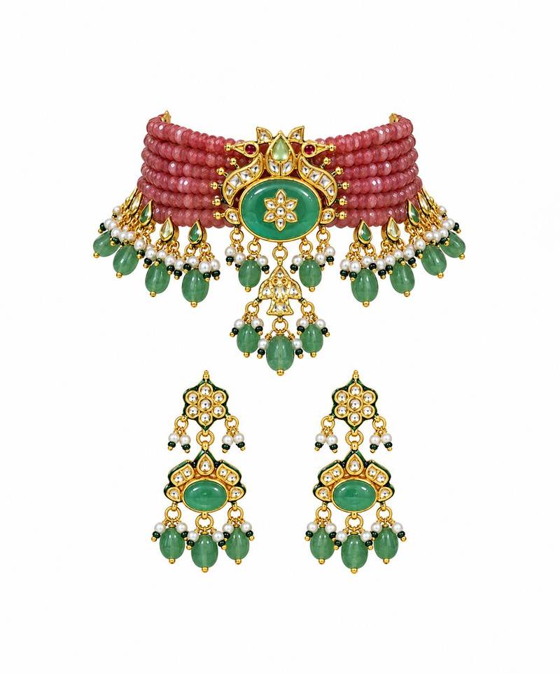 Gold plated kundan beaded choker with drop earrings