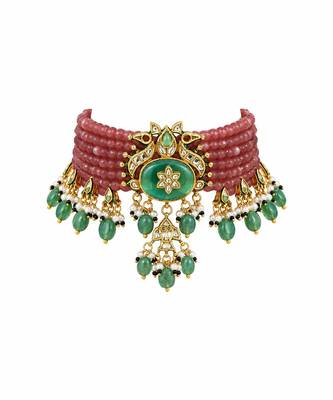 Gold plated kundan beaded choker with drop earrings 3