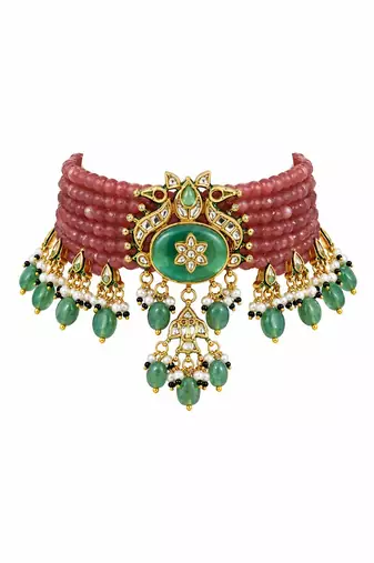 Gold plated kundan beaded choker with drop earrings
