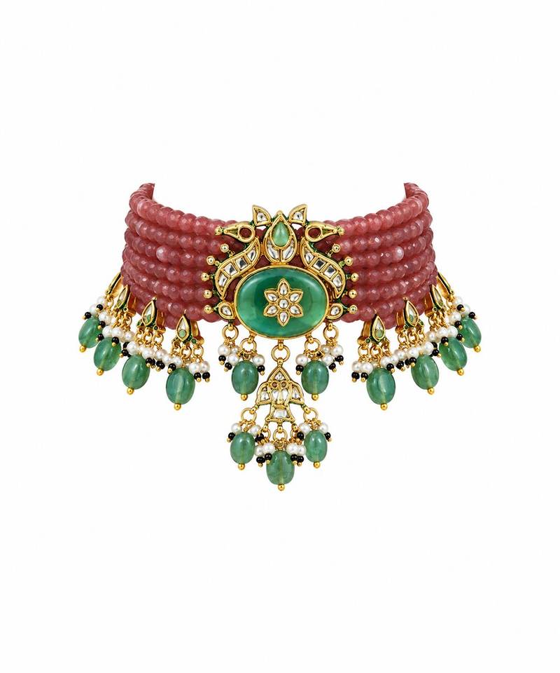 Gold plated kundan beaded choker with drop earrings