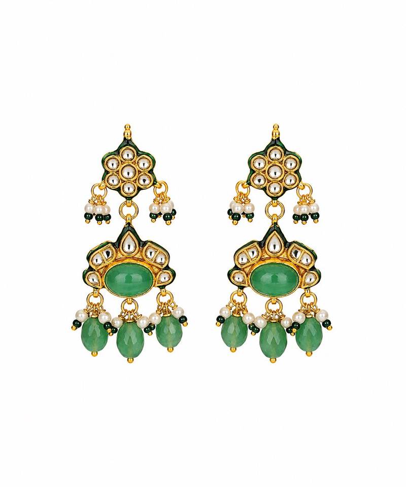 Gold plated kundan beaded choker with drop earrings