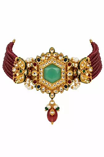 Gold plated kundan hexagon choker with drop earrings