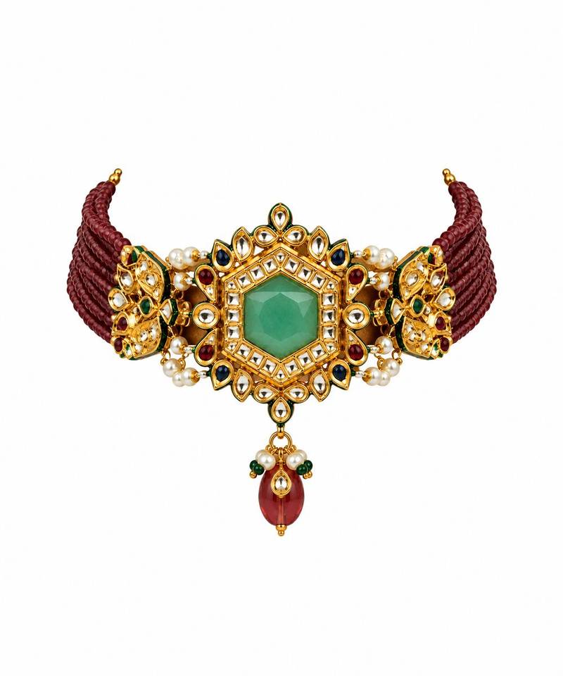 Gold plated kundan hexagon choker with drop earrings