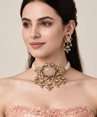 Gold plated kundan stone choker with drop earrings 1