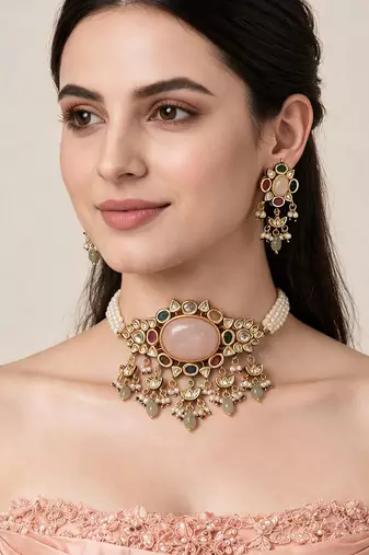 Gold plated kundan stone choker with drop earrings