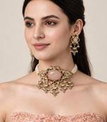 Gold plated kundan stone choker with drop earrings