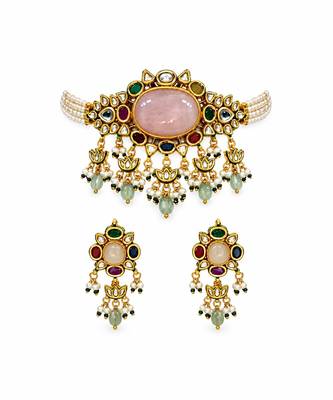 Gold plated kundan stone choker with drop earrings 2