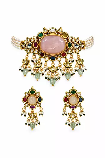 Gold plated kundan stone choker with drop earrings