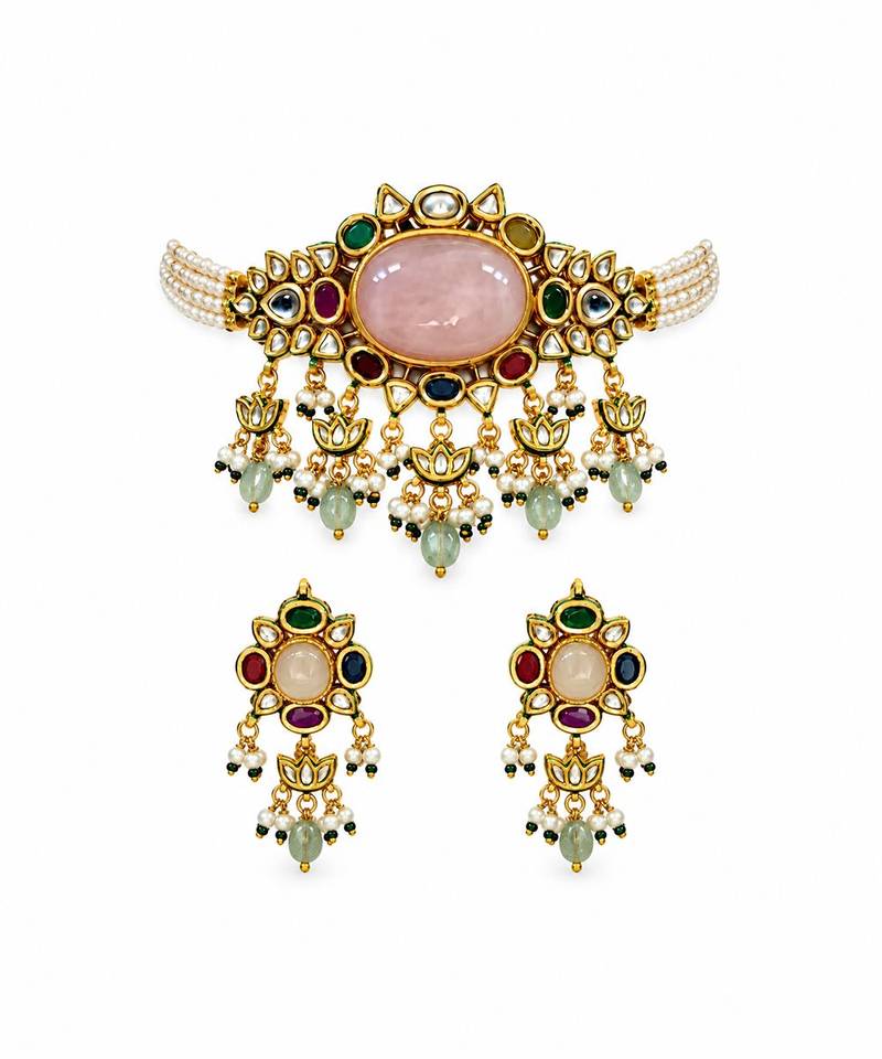 Gold plated kundan stone choker with drop earrings