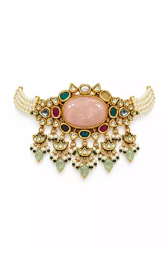 Gold plated kundan stone choker with drop earrings