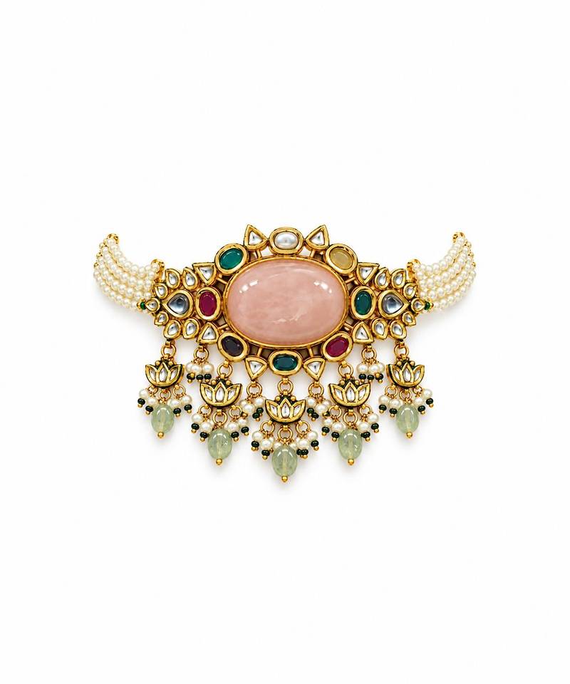 Gold plated kundan stone choker with drop earrings