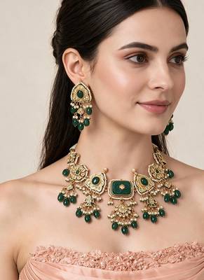 Gold plated kundan emerald green drop necklace earring set 1