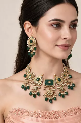 Gold plated kundan emerald green drop necklace earring set