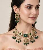 Gold plated kundan emerald green drop necklace earring set