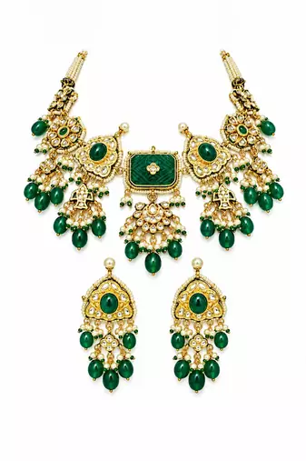 Gold plated kundan emerald green drop necklace earring set