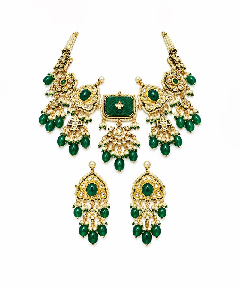 Gold plated kundan emerald green drop necklace earring set