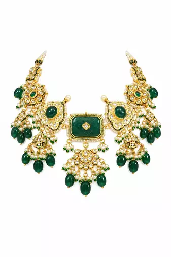 Gold plated kundan emerald green drop necklace earring set