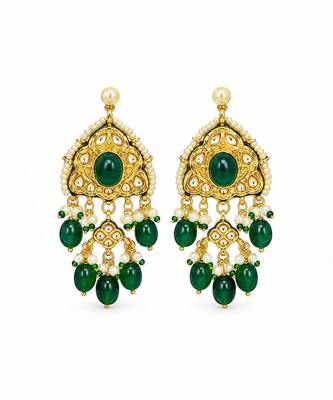 Gold plated kundan emerald green drop necklace earring set 4