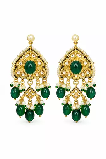 Gold plated kundan emerald green drop necklace earring set