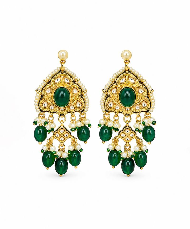 Gold plated kundan emerald green drop necklace earring set
