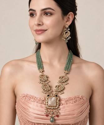 Gold plated kundan beaded long necklace earring set 1