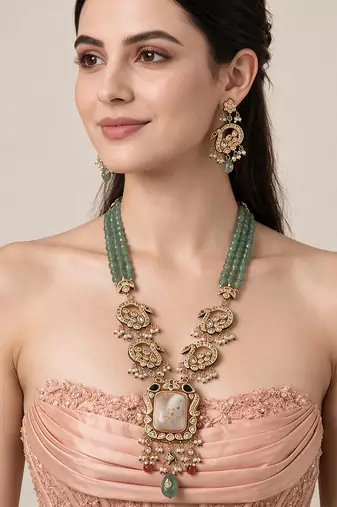 Gold plated kundan beaded long necklace earring set