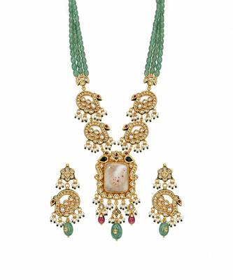 Gold plated kundan beaded long necklace earring set 2
