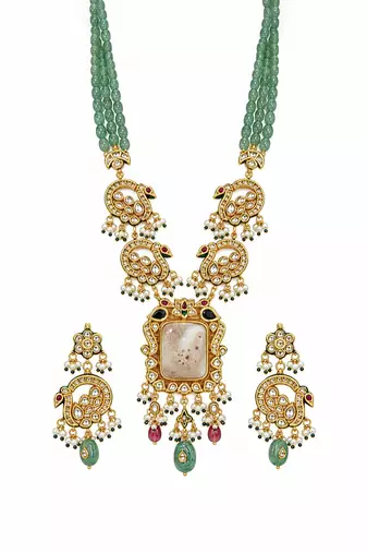 Gold plated kundan beaded long necklace earring set