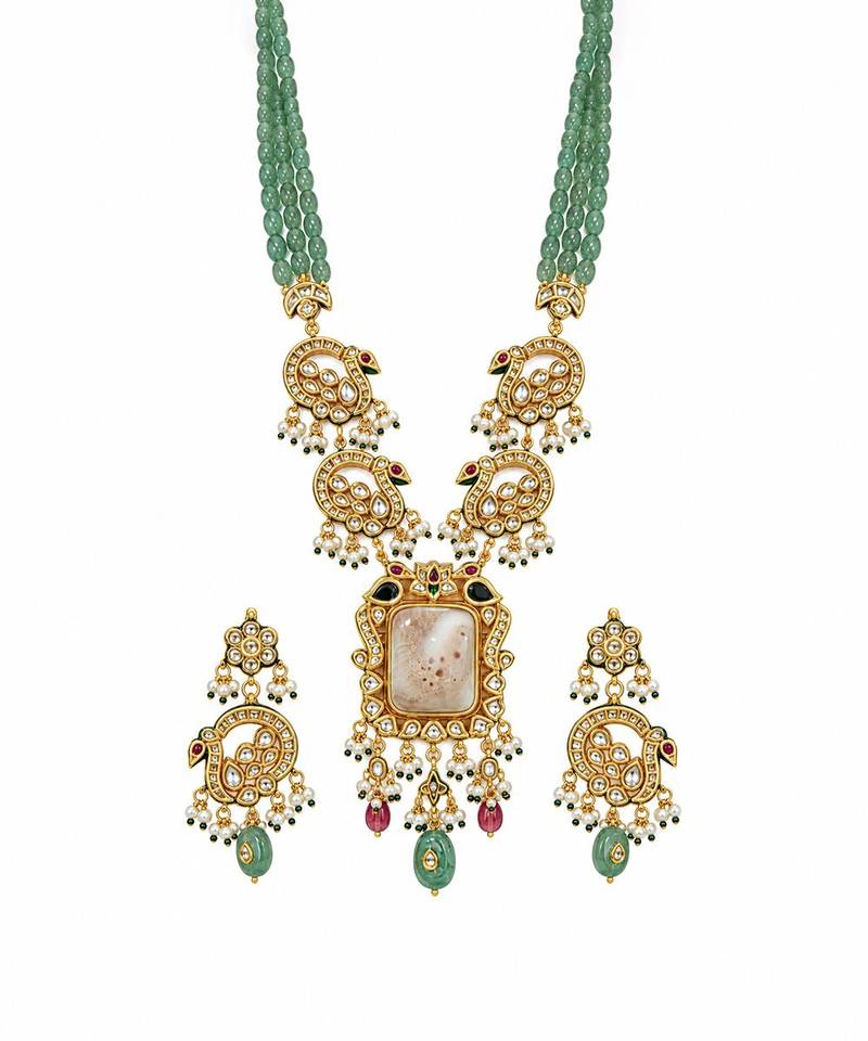 Gold plated kundan beaded long necklace earring set