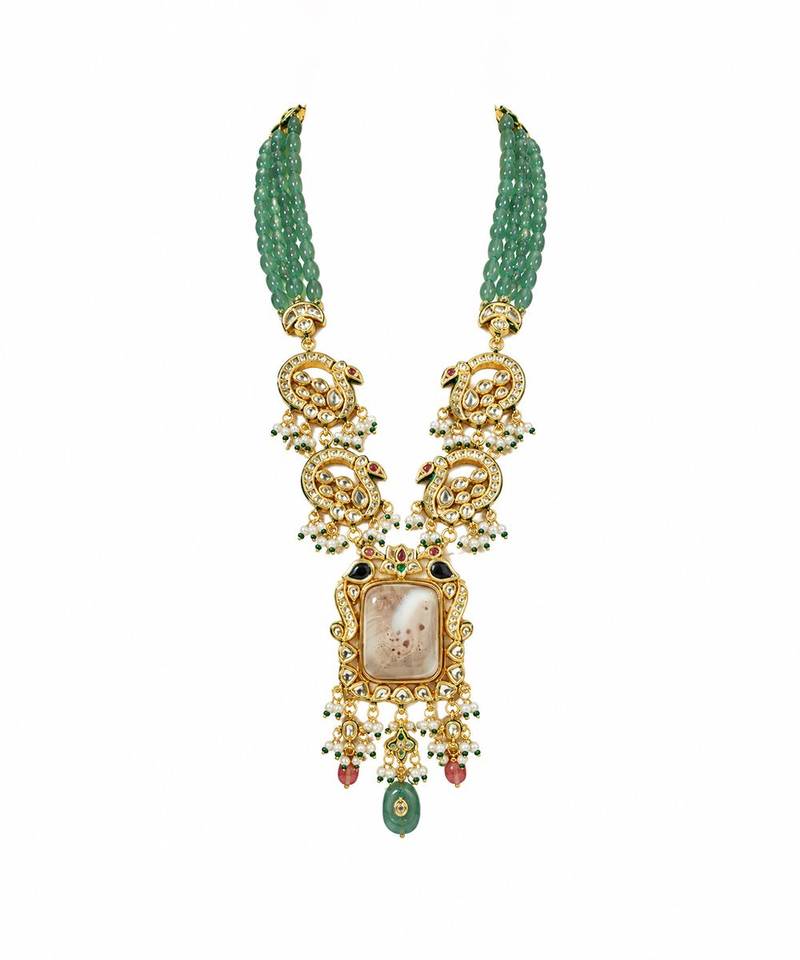 Gold plated kundan beaded long necklace earring set