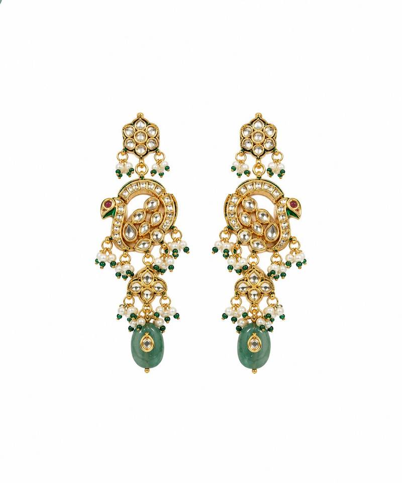 Gold plated kundan beaded long necklace earring set